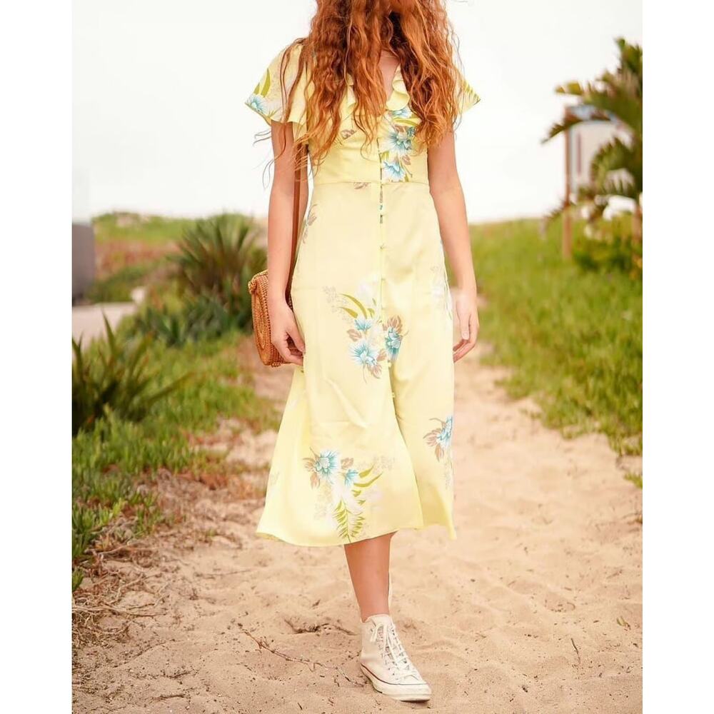 NWT URBAN OUTFITTERS FLORAL RUFFLE BUTTON DOWN MIDI DRESS SIZE XS